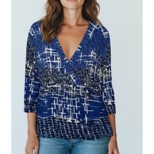 Chico's Travelers  Size 3 US XL Slinky Knit Faux Wrap Top 3/4 Sleeves Geo Print